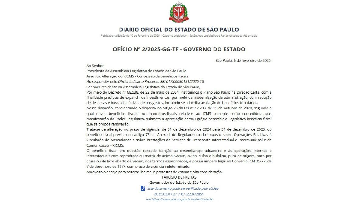 ABCZ comemora publicação de decreto que prorroga a isenção de ICMS na comercialização de bovinos PO no estado de SP